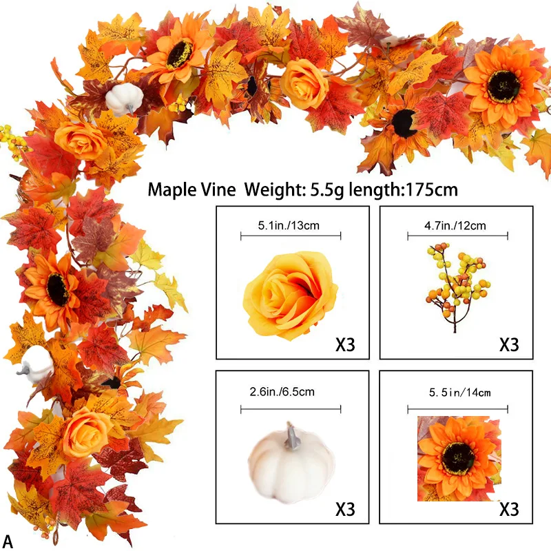 170cm/175cm Simulation Maple Cane for Thanksgiving Halloween Family Party Yellow Black Maple Leaf Home Harvest Party