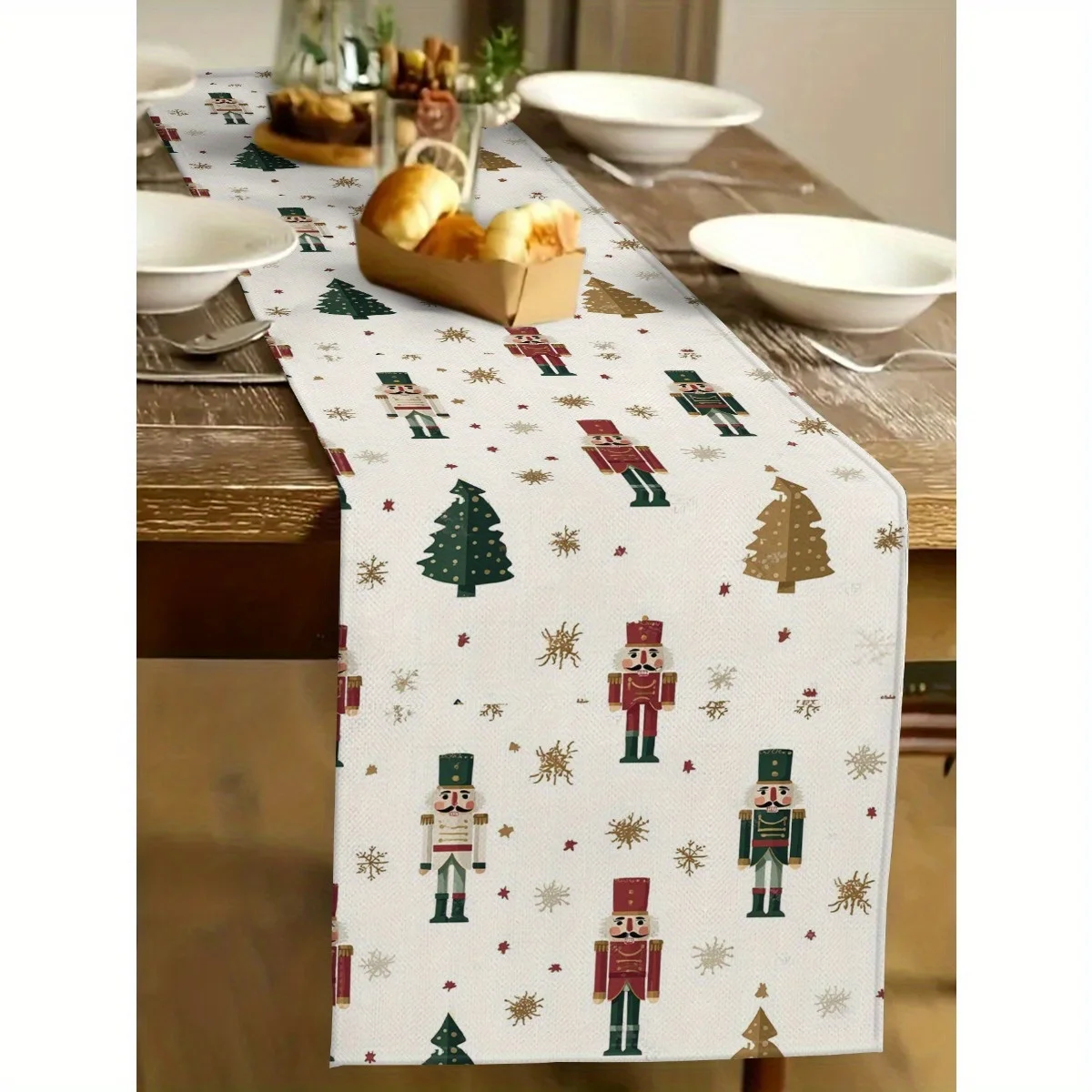 1. Weihnachts-Nussknacker-Tischläufer, Vintage-Baum, Schneeflockenmuster, dekoratives Tischwäsche für Esstisch, Weihnachtsfeier-Dekoration