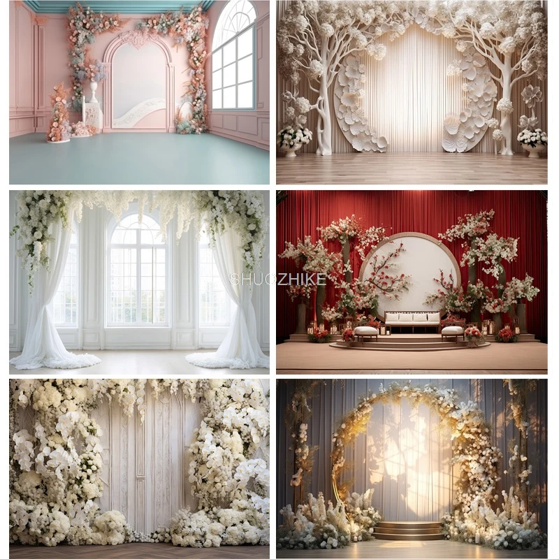 

Fantasy Wedding Stage Photography Backdrops Flower Arch Background Banner Interior Curtain Decorated Photo Studio Props SG-04