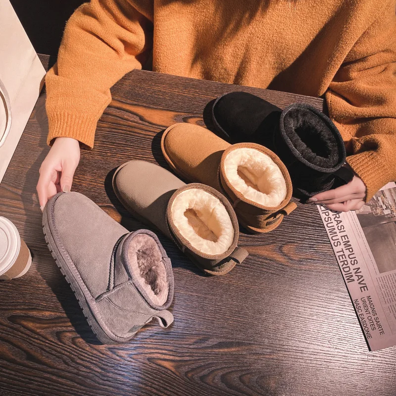 

Winter new snow shoes wool flat bottomed short tube Nordic cotton shoes with thick fleece and warm snow boots for women