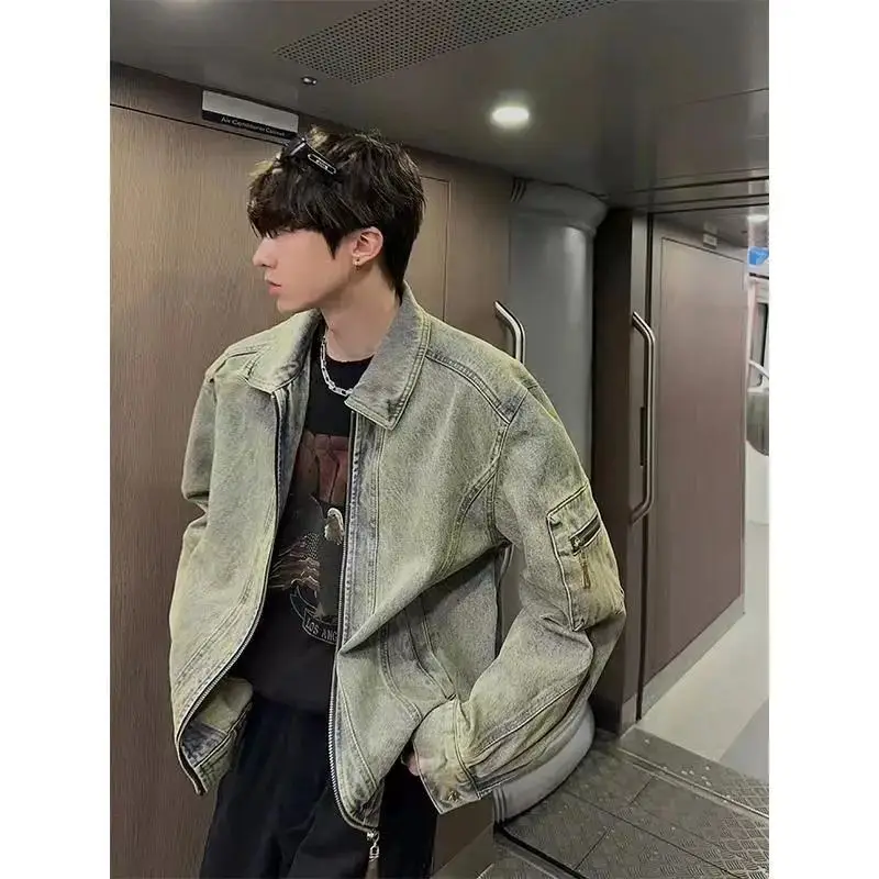 2026 Heavyweight Lapel Collar Denim Jacket for men in Spring Autumn Loose Trendy Brand Lapel American Motorcycle Style Jacket