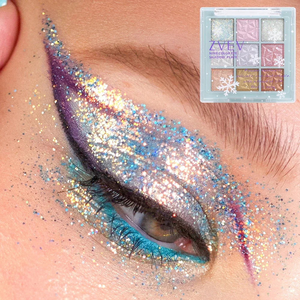 Paleta de Sombra Snowflake, Impermeável, Brilhante, Brilho, Perolado, Duradouro, Cromo, Maquiagem dos Olhos, Cosméticos, Azul, Rosa, 9 cores