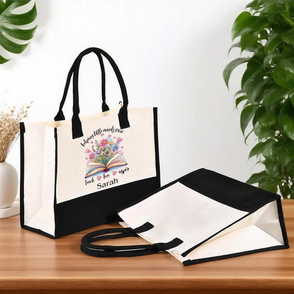 Canvas Teacher Tote Bag Personalized Colorful Book Flower Teacher Tote Durable Teacher Day Gift Teacher Appreciation Gift