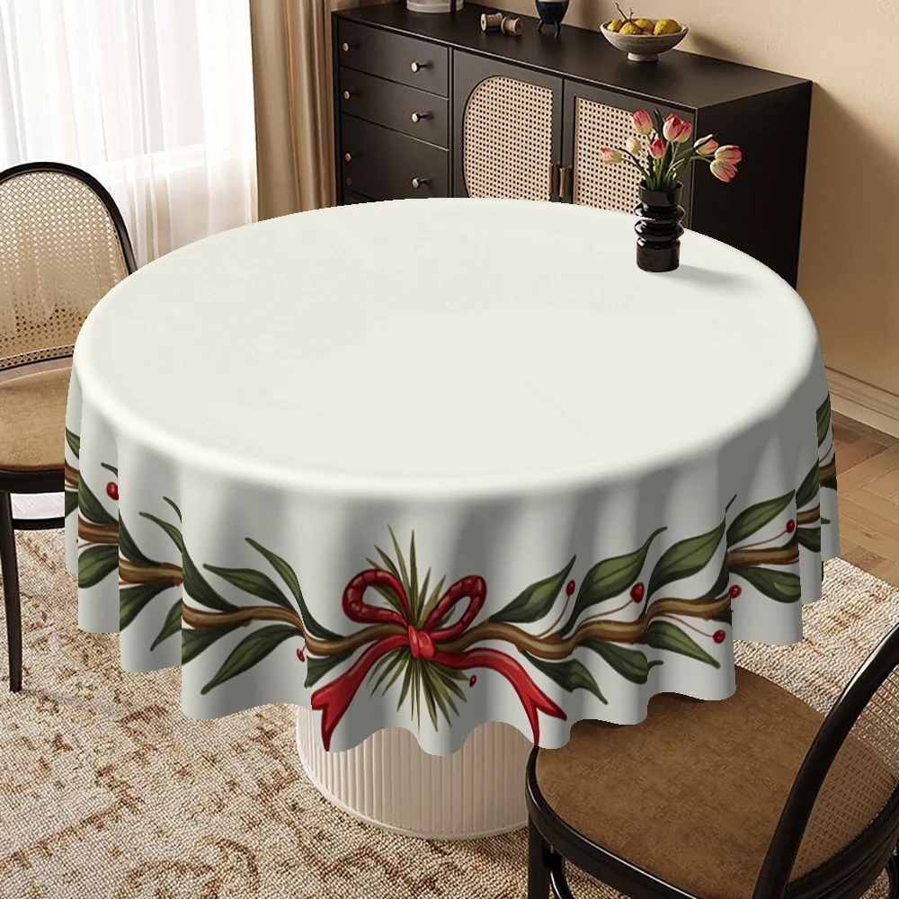 Round tablecloth, suitable for round tables, decorated with white garlands and red bowszyc