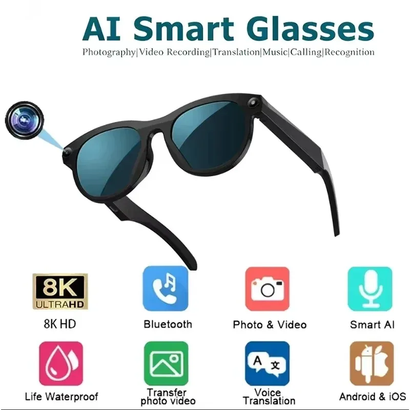 8KHD Smart AI Glasses Color Changing 1200MP Translate Camera Bluetooth Call Voice Assistant Music Control 2026