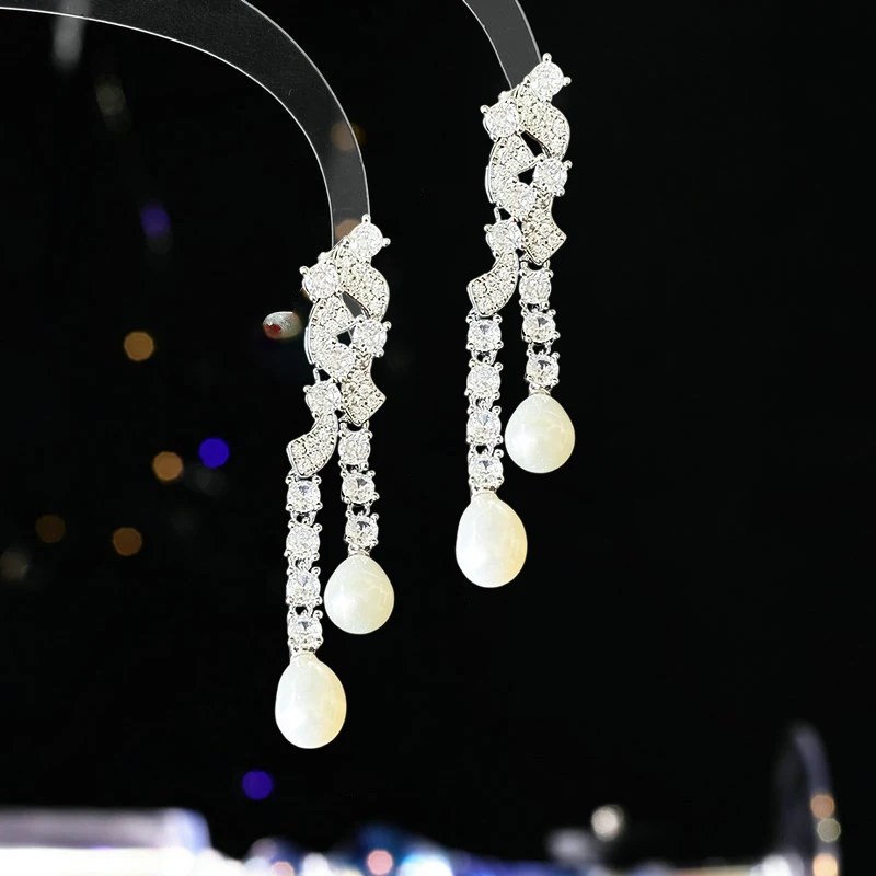 Luxury Handcraft Freshwater Pearl Tassel Drop Earrings for Women's Sparkly AAAA Zircon High-end Dangle Ear-ring Pendant Jewelry