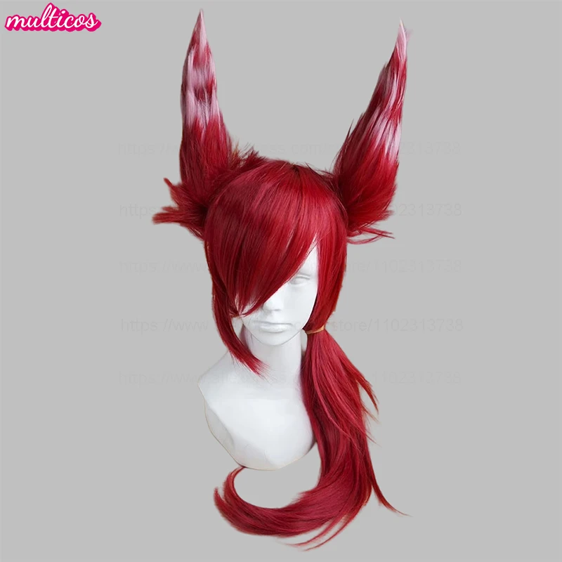 High Quality Xayah Cosplay Wig LOL Cosplay Red Mixed White Ears Heat Resistant Synthetic Hair Anime Wigs + Wig Cap