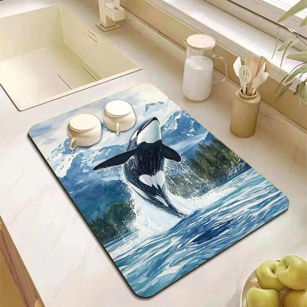 Aquarell-Orca Küchen-Trockenmatte, rutschfeste, schnell trocknende, saugfähige Matte für Geschirr, Kaffeetassen, Küchenarbeitsplatte