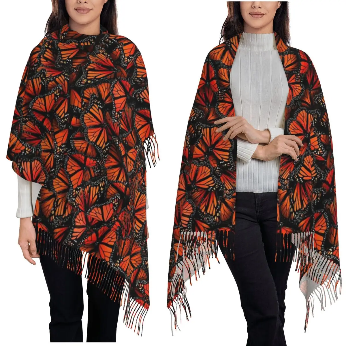 

Оранжевый шарф-бабочка с монархом, шарфы с кисточками для женщин, мягкие теплые шали и накидки, большая осенне-зимняя шаль