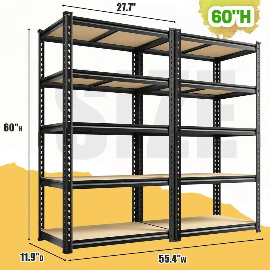 2-Pack 2010LBS Heavy Duty Garage Shelves Adjustable 5-Tier Metal Storage Shelves For Pantry Kitchen Warehouse 11'D*55'W*60'H