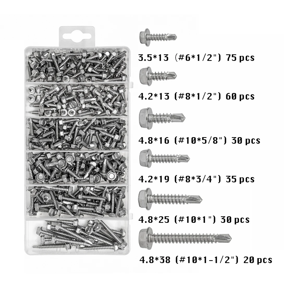 285Pieces Hex Washer Head Self Drilling Screws 410 Stainless Steel #6 #8 #10 Bolt Assortment Kit standoff screw