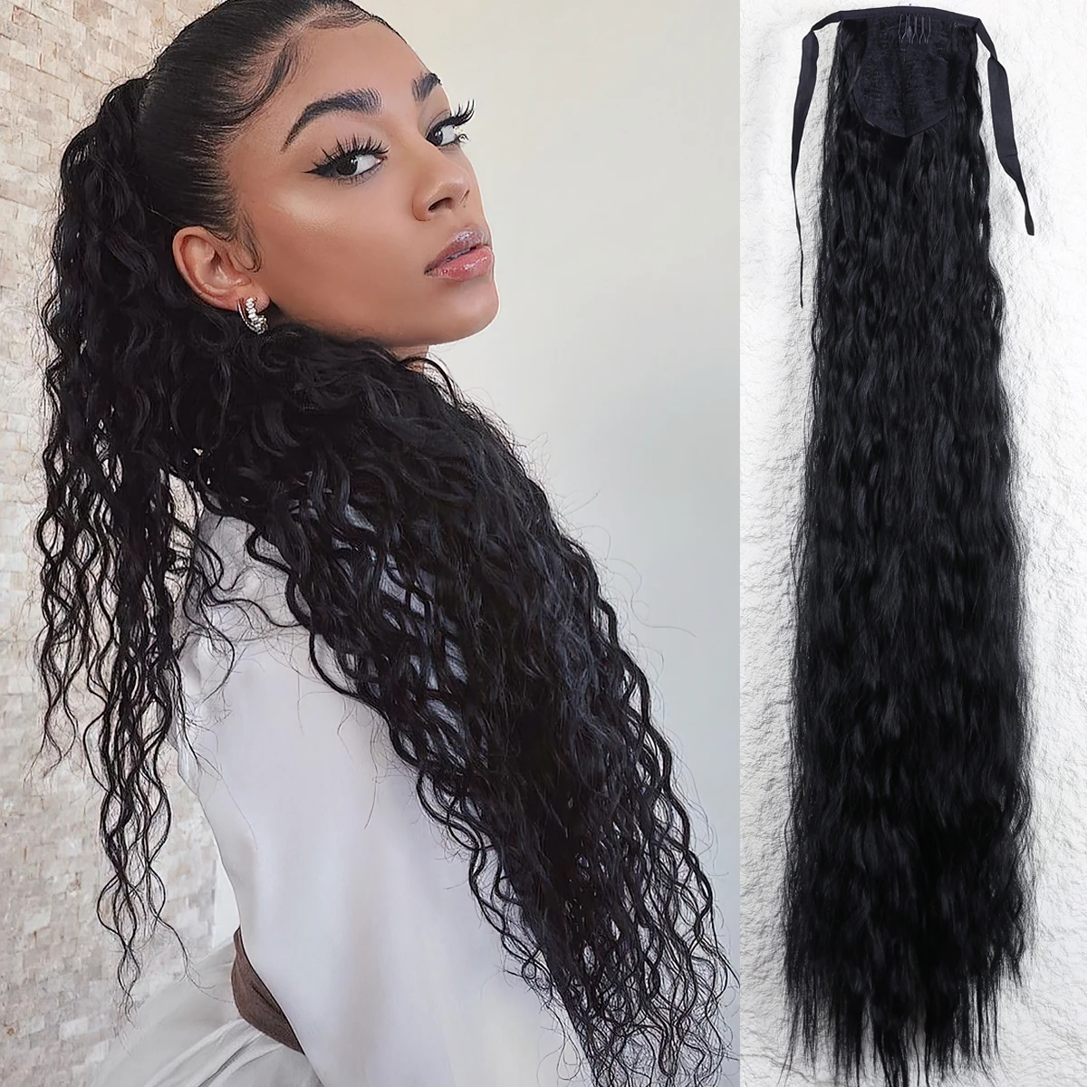 Long Curly Pony Tail Synthetic Hair Fiber 34Inch Drawstring Extensions Fake Tail Brown/Black Color