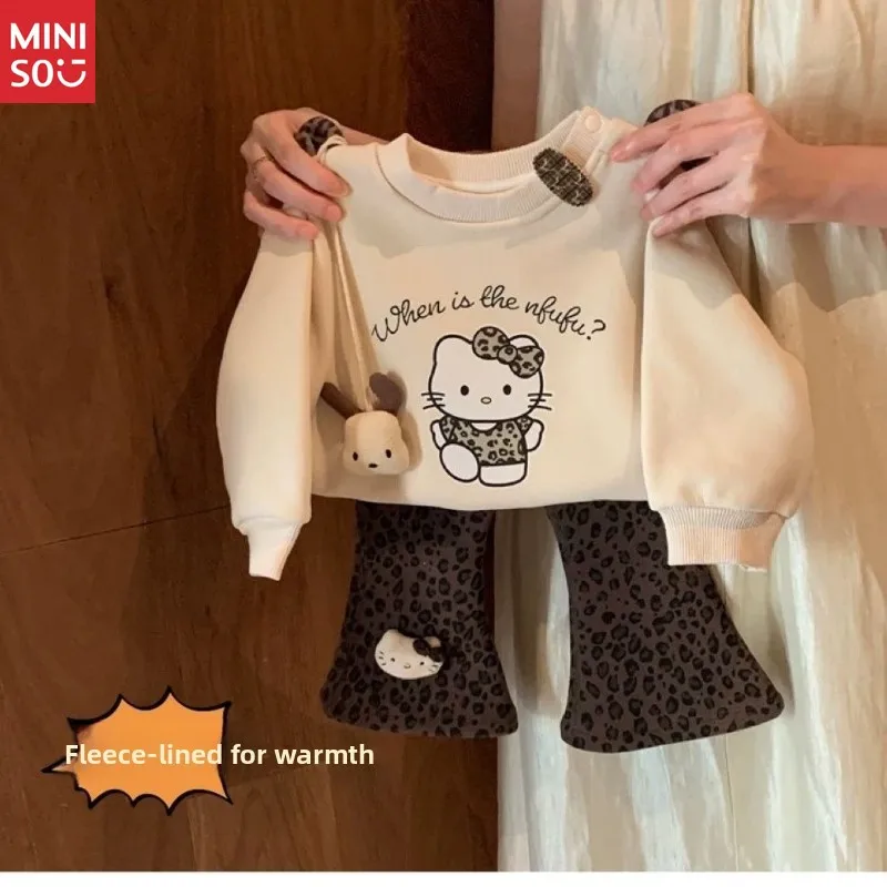 

Miniso Girls Fall Set, Cartoon Fleece Hoodie & Flared Pants, Animal Print Two-Piece