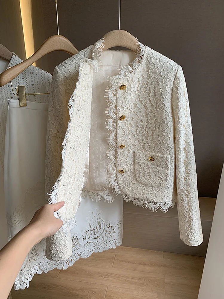 Luxury Design Clothes Women Autumn Elegant O-neck Short Beige Lace Jacket Coat Jaqueta Feminina Korea Fashion Streetwear Outfits