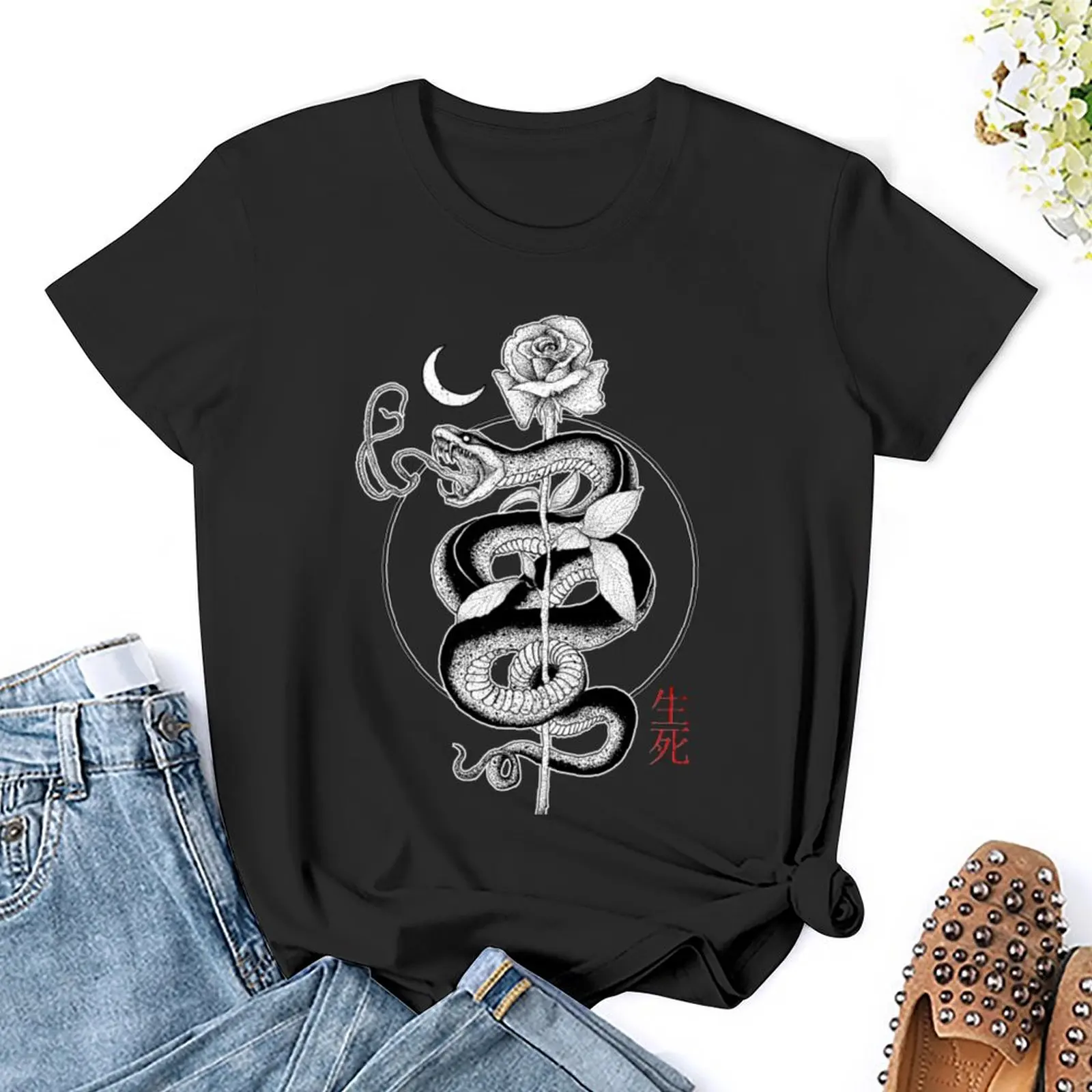 Koszulka Snake & Rose moda koreańska estetyczna odzież bluzka biały t-shirt sukienka dla kobiet seksowna