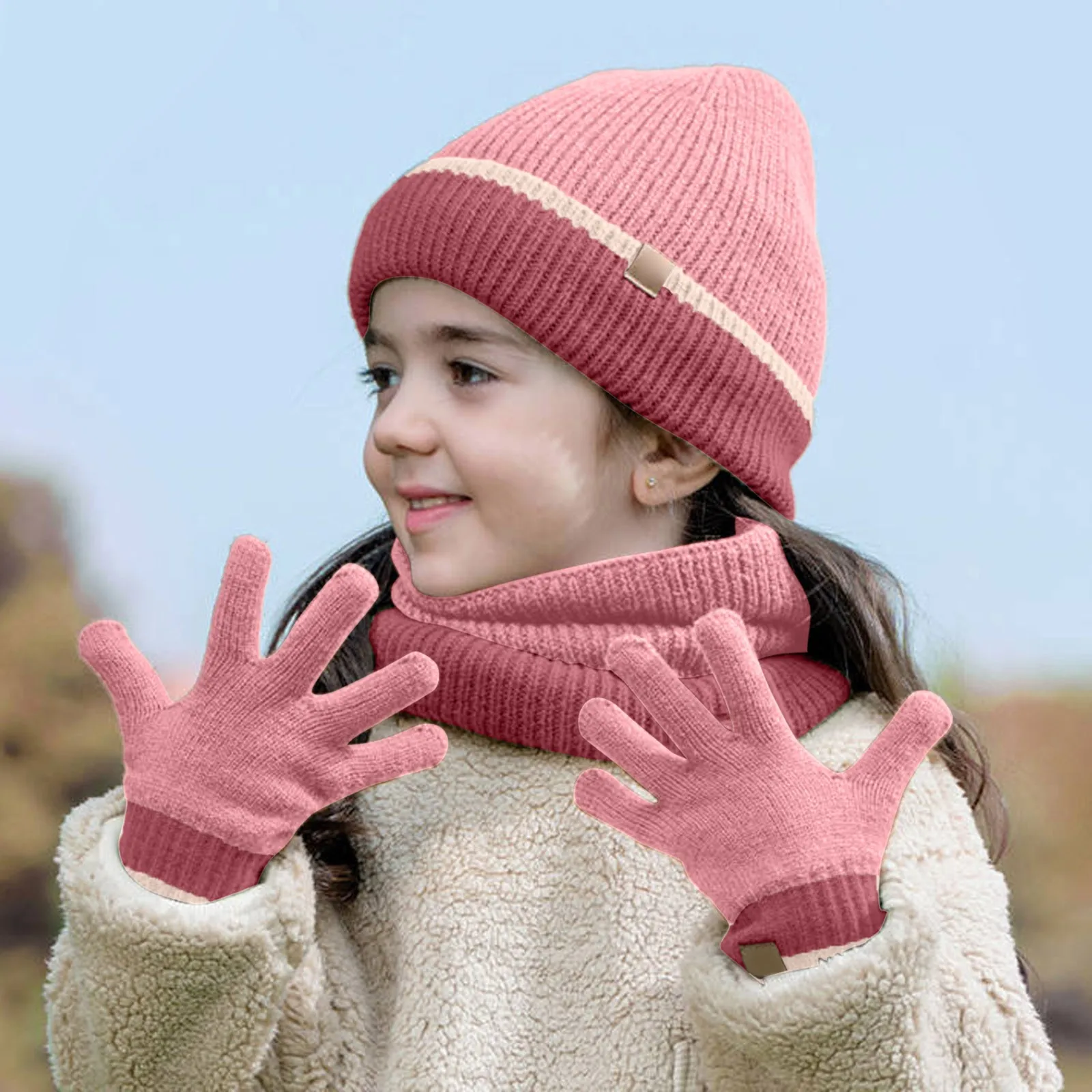 Inverno Cappello Del Bambino Sciarpa Guanti Set Per Bambini 3 Pezzi Accessori Pompon Berretto Lavorato A Maglia Per Bambini All'aperto Caldo Cappelli Invernali per le Ragazze Ragazzo 1-5Y