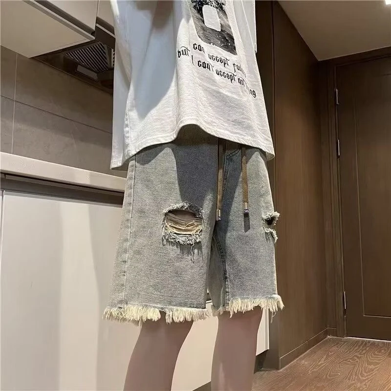 

Men's American Style Casual Washed Denim Shorts with Ripped and Frayed Edges Summer Trendy Mid-Length Comfort Fit