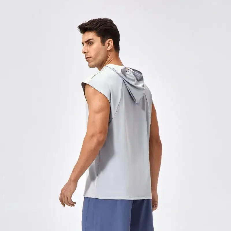 Activewear Tank Tops Men Wide Shoulder Loose Quick Drying Hooded Fitness Vest