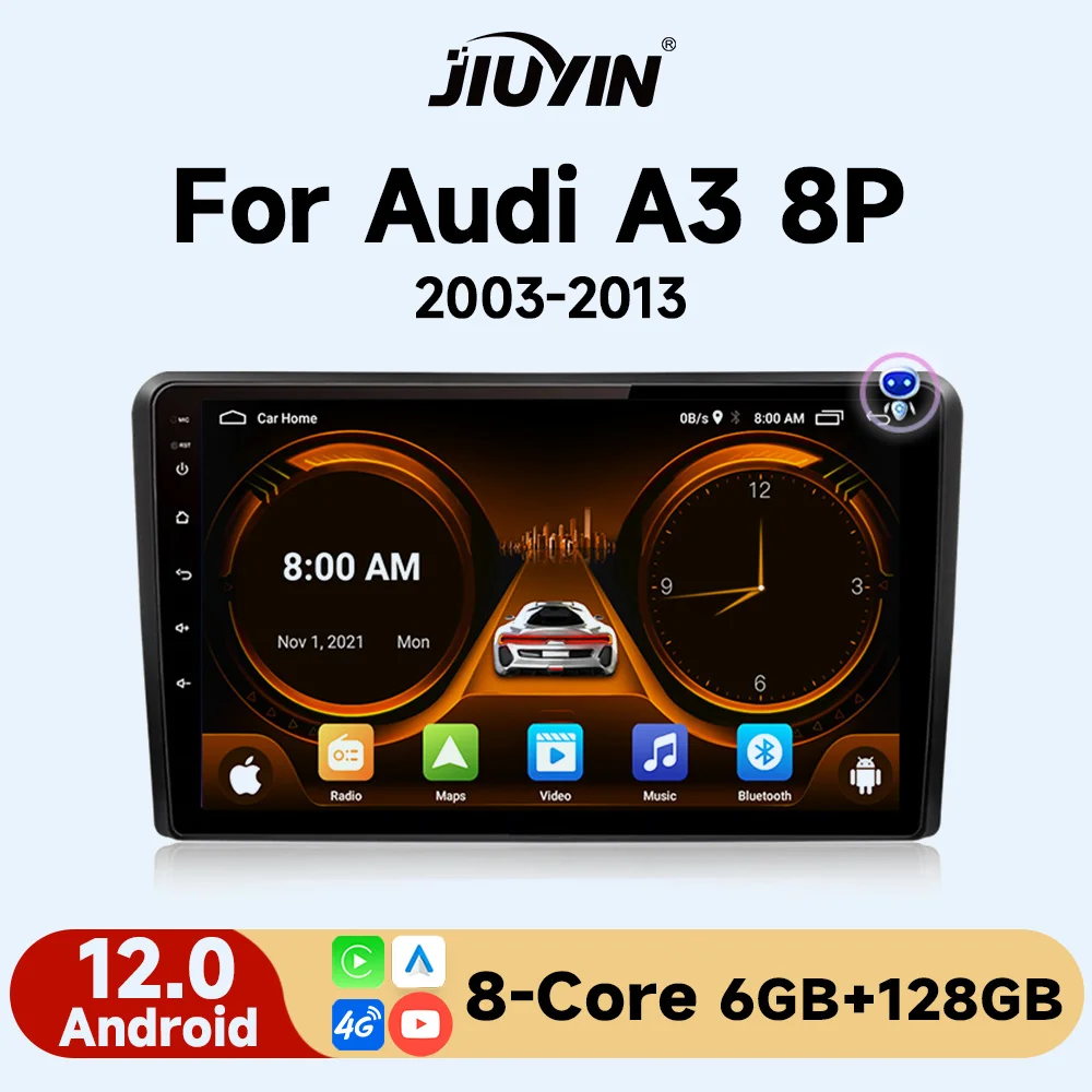 

JIUYIN AI Voice Wireless CarPlay Android Auto Radio For Audi A3 8P 2003 - 2013 4G Car Multimedia GPS 2din autoradio