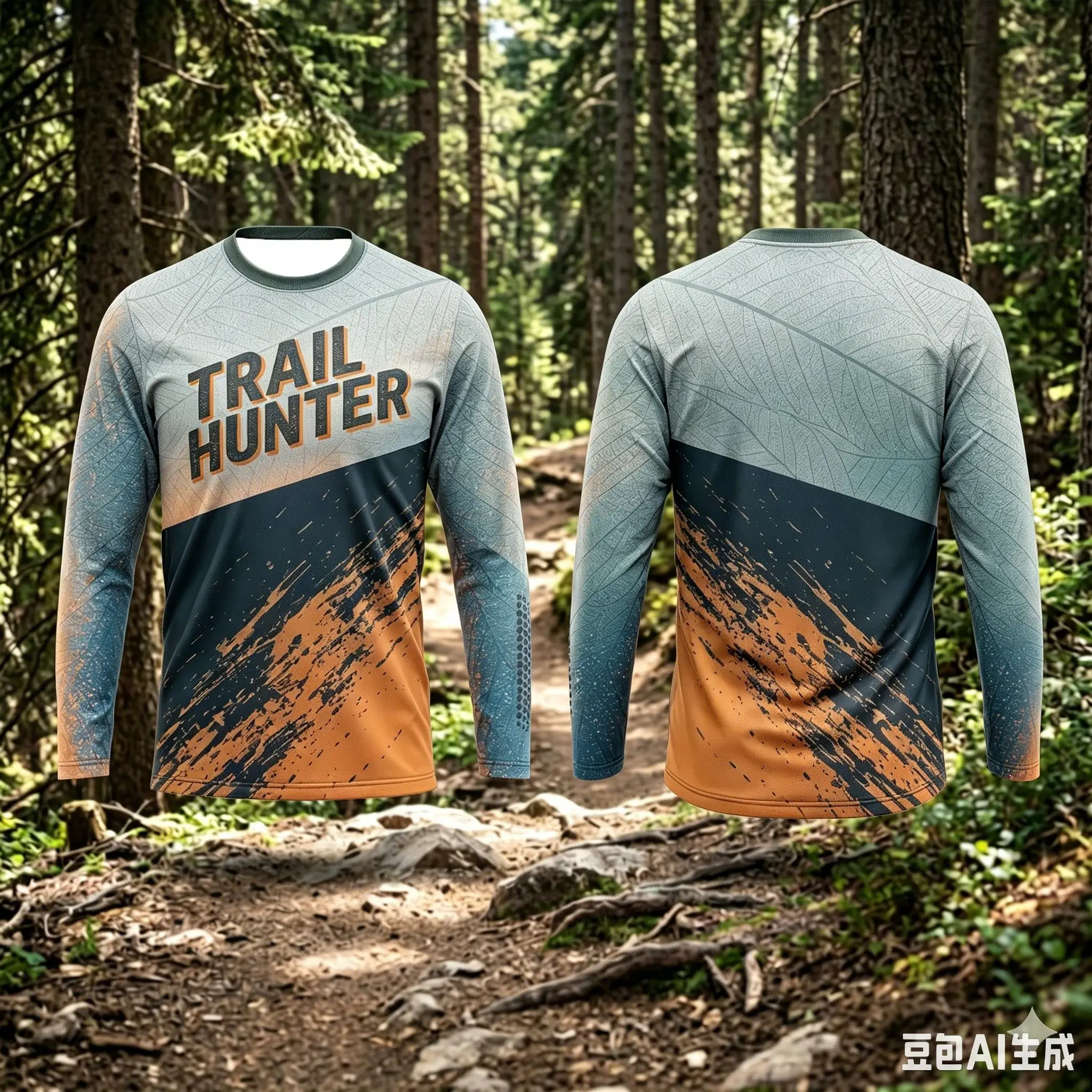 Men Trail Hunter Long Sleeve MTB Jersey Gradient Color Leaf Texture Print Quick Dry Outdoor Cycling Hiking Mountain Bike Shirts view 4