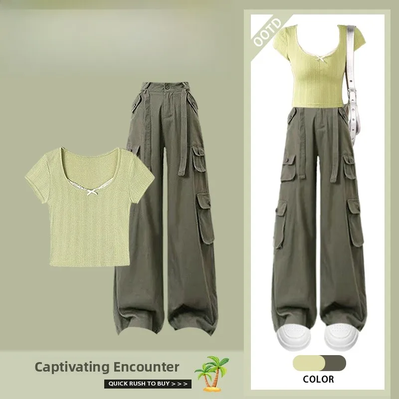 

Летний комплект из двух предметов, женская рабочая одежда с высокой талией, брюки ort Sve, футболка с большим воротником, ансамбль, моющийся наряд