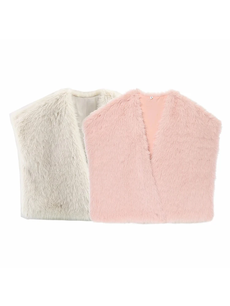 

Women New Fashion Fur Waistcoat Women Casual Warm Faux Fur Vest V Neck Beige Pink Women Coat Crop Tops