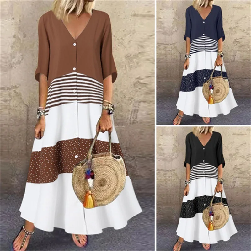 

Women Print Dresses Single Breasted V Neck Long Dresses Half Sleeve Loose Spliced Casual Vestidos Button Ladies Summer