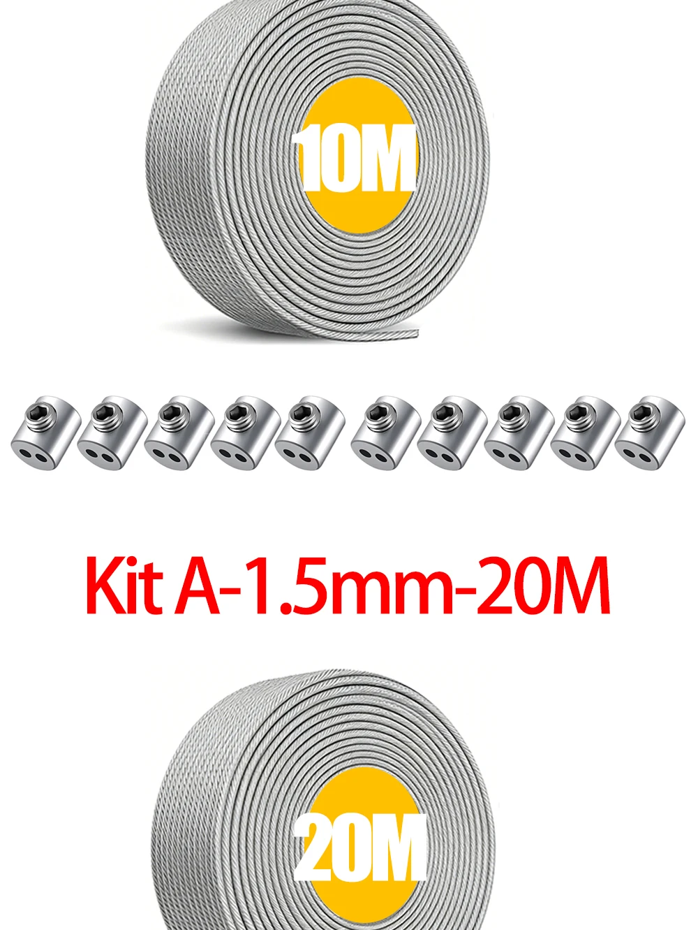 5/10/20 m 1,5 mm Edelstahl-Drahtseil-Set mit Kabelklemme und PVC-Beschichtung für Wäscheleinen, Gartengeländer, Außenzäune – Detail 6