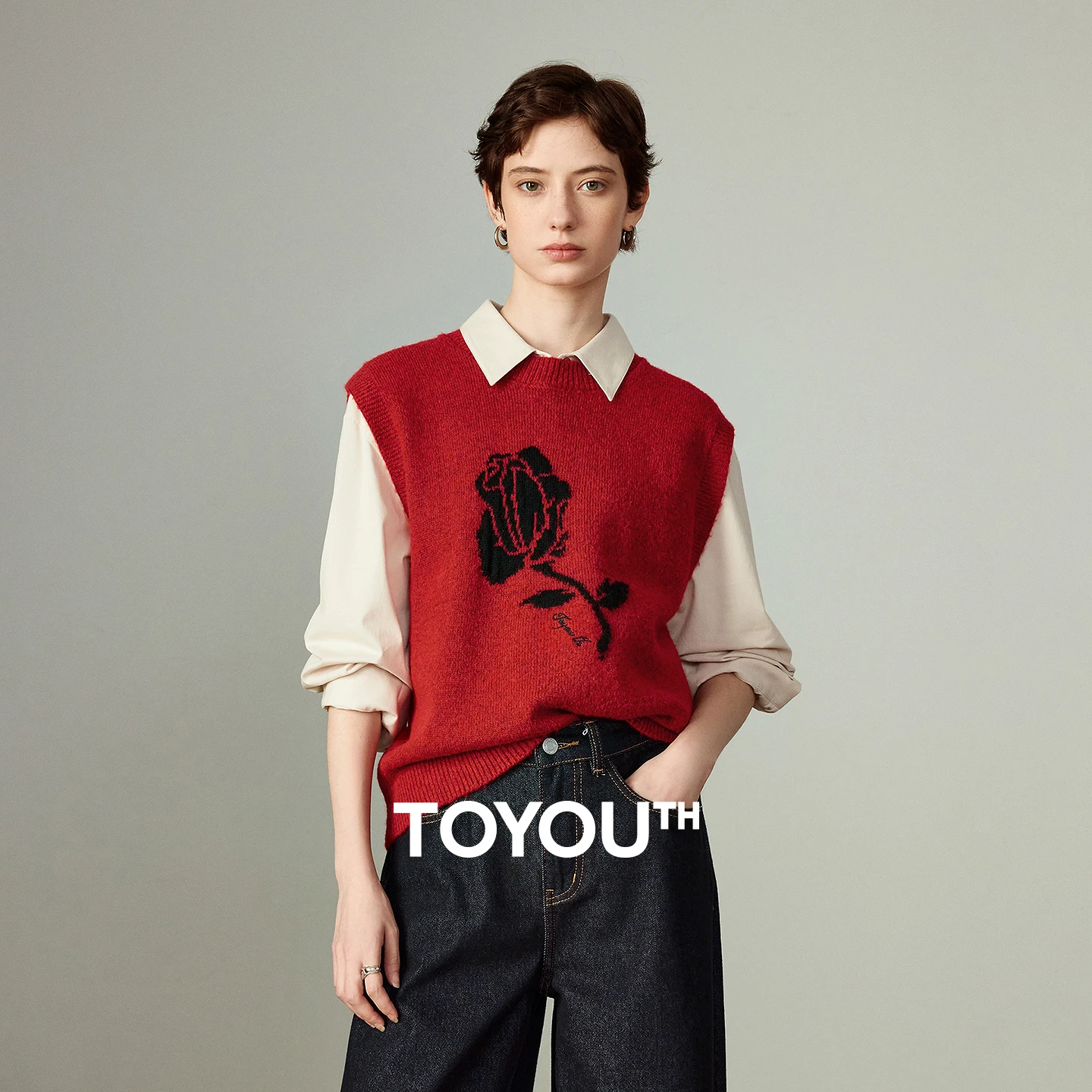 

TOYOUTH Women Knitwear 2025 Winter New Vest Rose Jacquard Mohair Blend Vest Tops