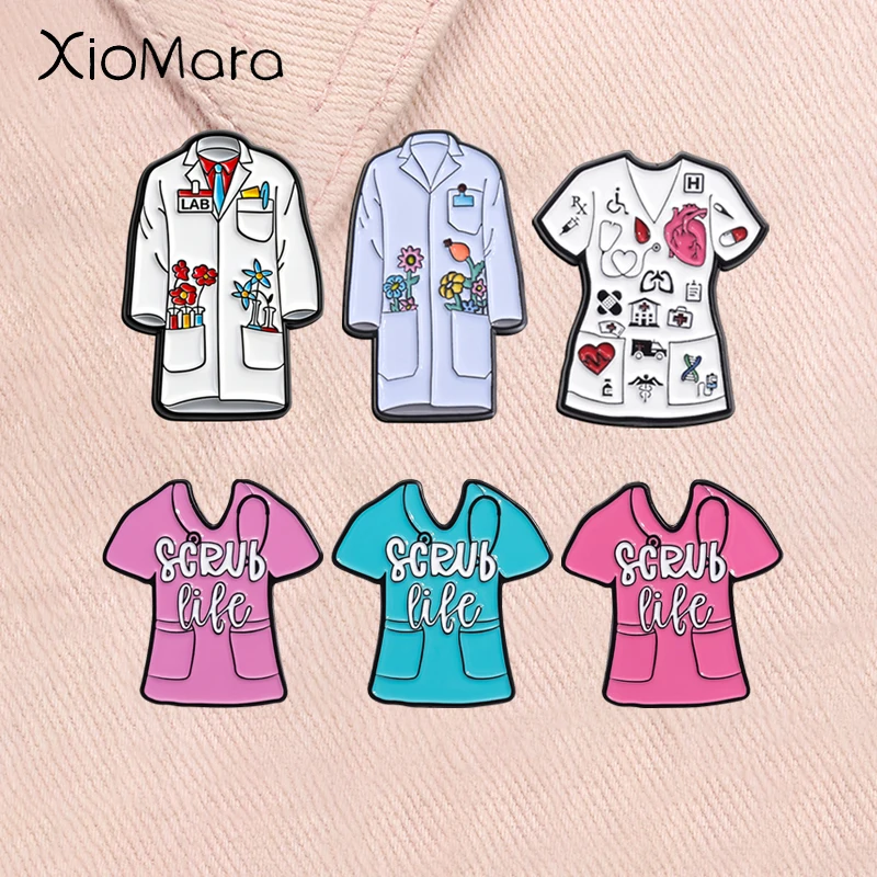 Doctor Nurse Coat Enamel Pins Floral Medical White Lab Scientists Work Uniform Brooches Lapel Badge Jewelry Gifts for Friends