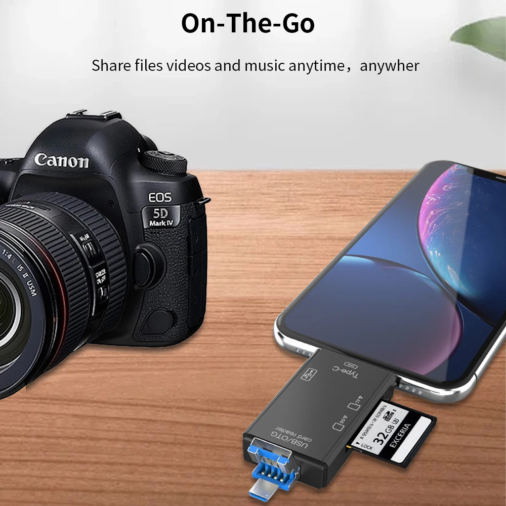 TISHRIC 6 In 1 Card Reader External U Disk TF Card SD Card Keyboard Mouse Camera USB Type-C Interface Flash Drive Card Adapter