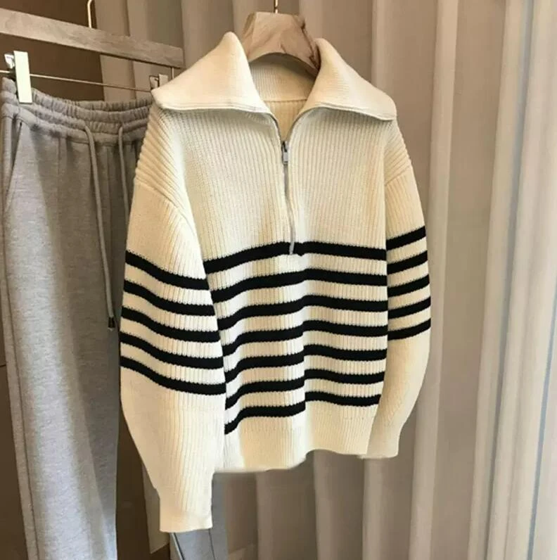 Autumn Winter Women\'s Sweaters Zipper White Black Striped Knitted Pullovers Korean Turndown Collar Oversized Sweater Women