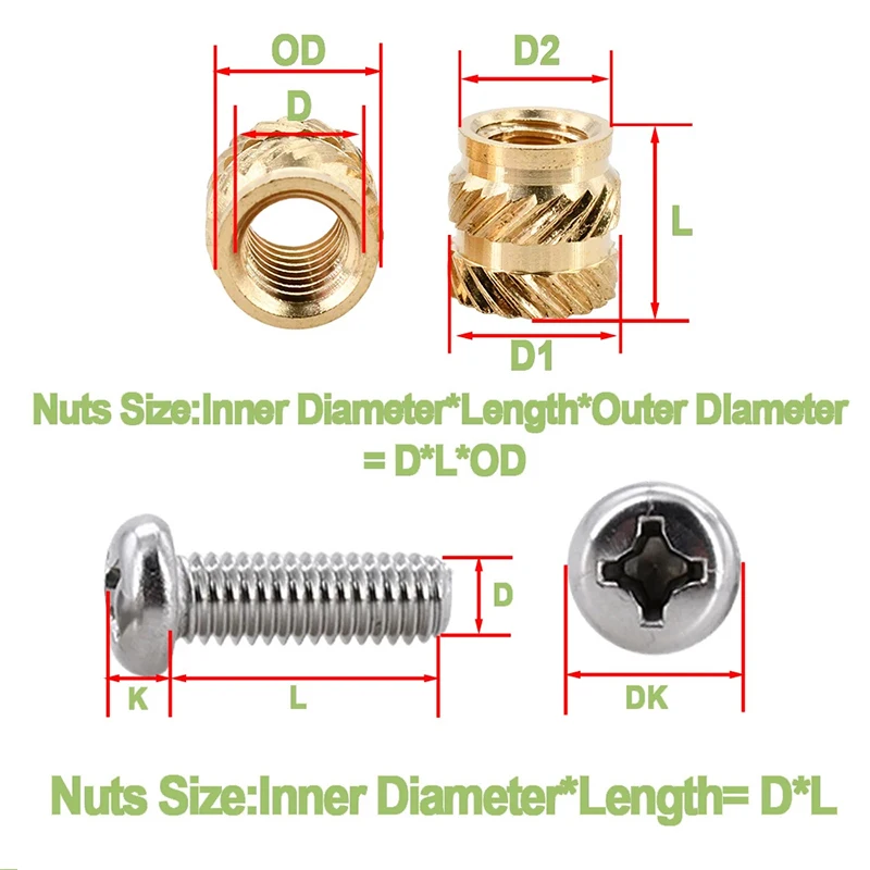 Insert M1.4 M1.6 M2 M2.5 M3 M4 M5 M6 Brass Heat Threaded Insert Nut and Stainless Steel Screw Set Knurled Hot Melt Embedded Nut