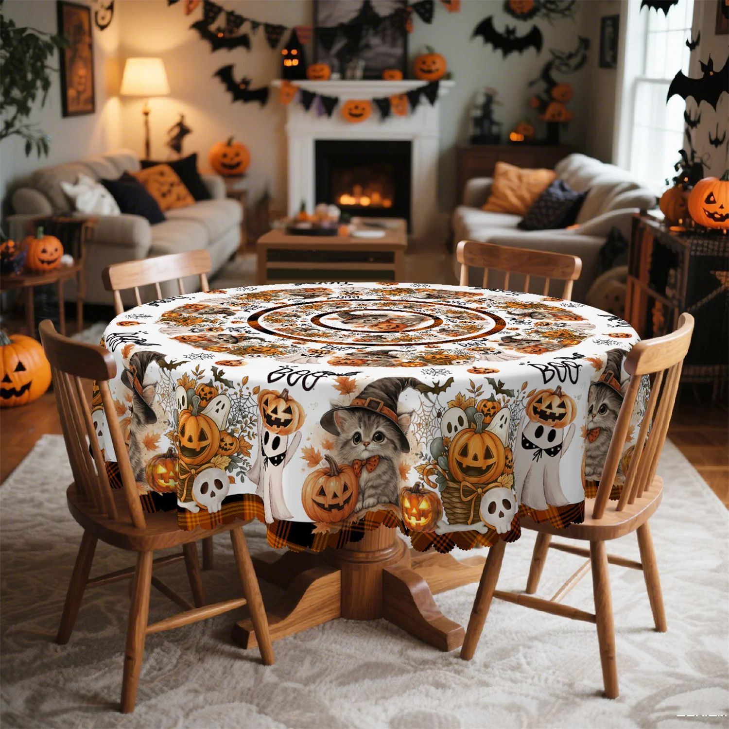 Puppet Jack pumpkin lantern, little cat witch hat, basket branches, Halloween tablecloth