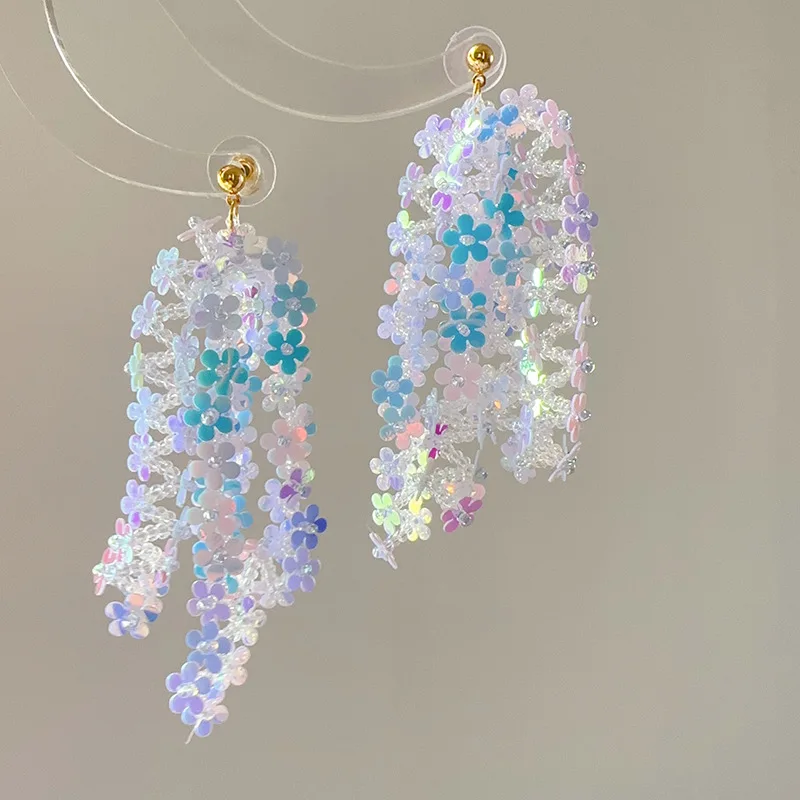 Sequined Flower Tassel Earrings Holiday Style Earrings
