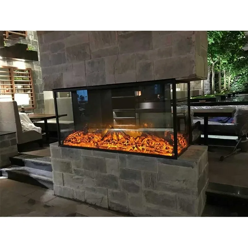Double Sided 3 Sides Glass Viewing Freestanding Electric Fireplace With Remote Control For Indoor Use In Hotels