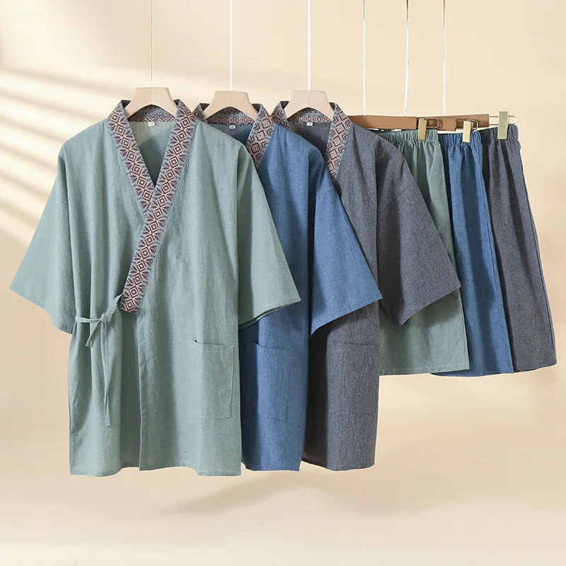 Spring Summer Japanese Pajama Sets Male 100% Cotton Spa Robe Sets Boxer Short Sleeve Kimono Robes Men Patchwork Home Hombre