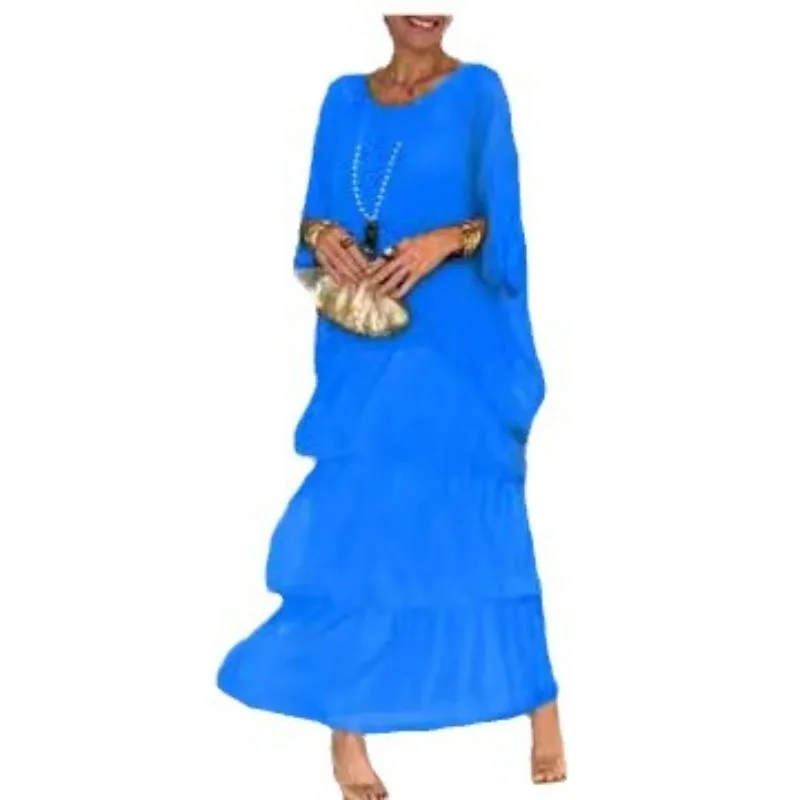 Female Elegant Floral Print Chiffon Boho Long Dress Spring Round Neck Women Pullover Dress Half Bat Sleeve Cake Skirt Dress