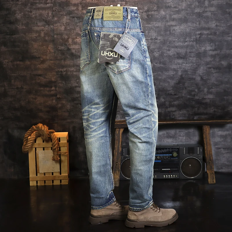 Jeans sobek pas badan elastis pria, celana Denim kasual Retro kualitas tinggi, celana jins Vintage pria