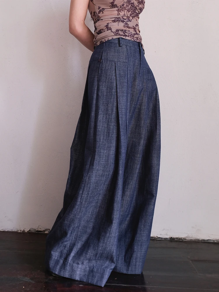 New Chinese Style Loose Wide Leg Jeans Linen Cotton Spring Summer Ladies Natural Waist Denim Blue Casual Comfortable Pants