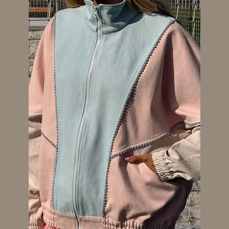 Y2K Damenjacken Mantel mit Streifenbesatz Stehkragen Reißverschluss Oversize Windbreaker Locker Sitzende Streetwear Sportjacke Oberbekleidung Outfit – Detail 26