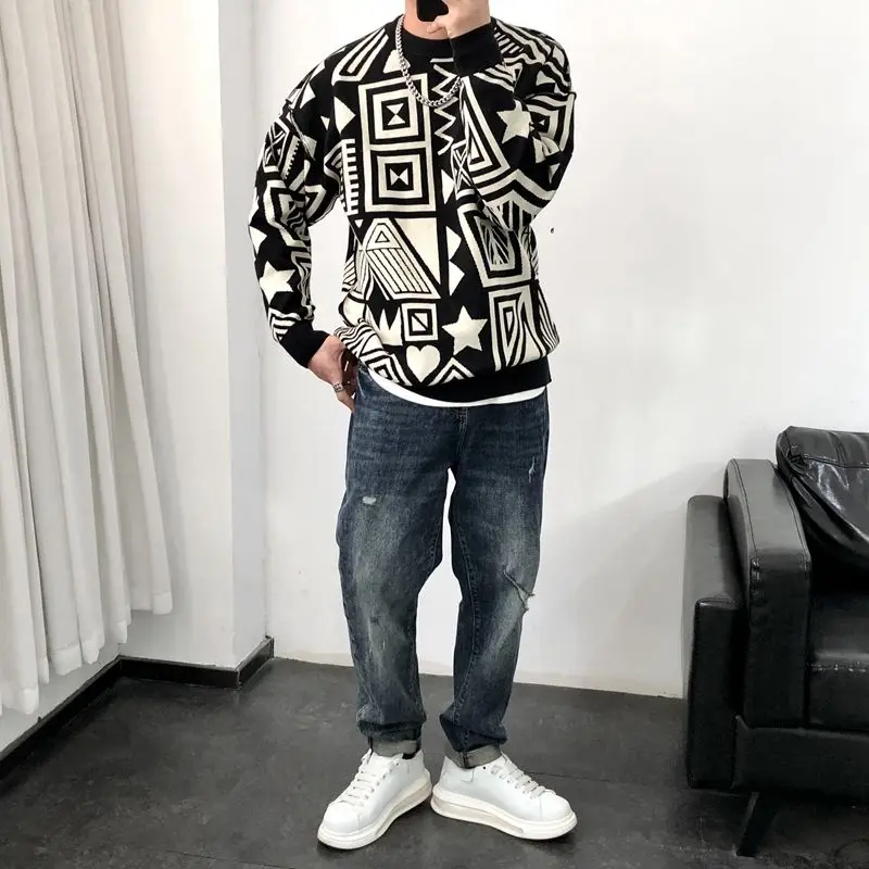 Autumn Winter KPOP Fashion Style Harajuku Slim Fit Ropa Hombre Loose Casual All Match Tops Printed Insert Long Sleeve Sweatshirt