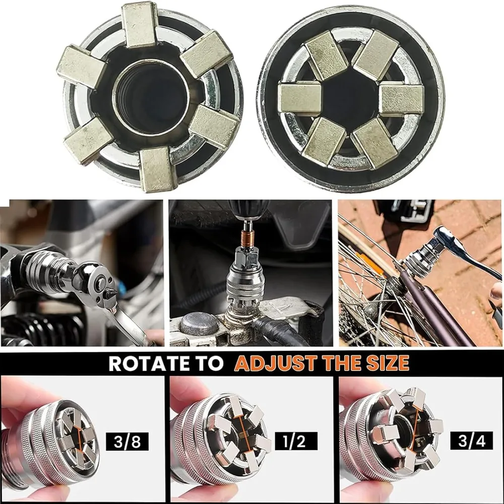 Universal-Steckschlüsselsatz (7-19mm 9-21mm 9-27mm 11-32mm) Super-Steckschlüssel zum Lösen aller Schrauben mit 3/8" 1/2" Bohrmaschinen-Adaptern – Detail 2