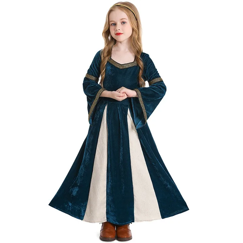 

Vintage Renaissance Girls Costume Flare Sleeve Long Dress Medieval Theater Outfit