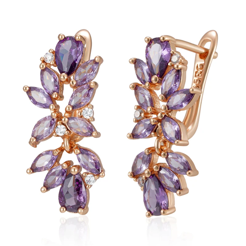 JULYDREAM Luxury Full Paved Purple Zircon 585 Gold Color Geometric Dangle Earrings for Women Luxury Wedding Party Jewelry