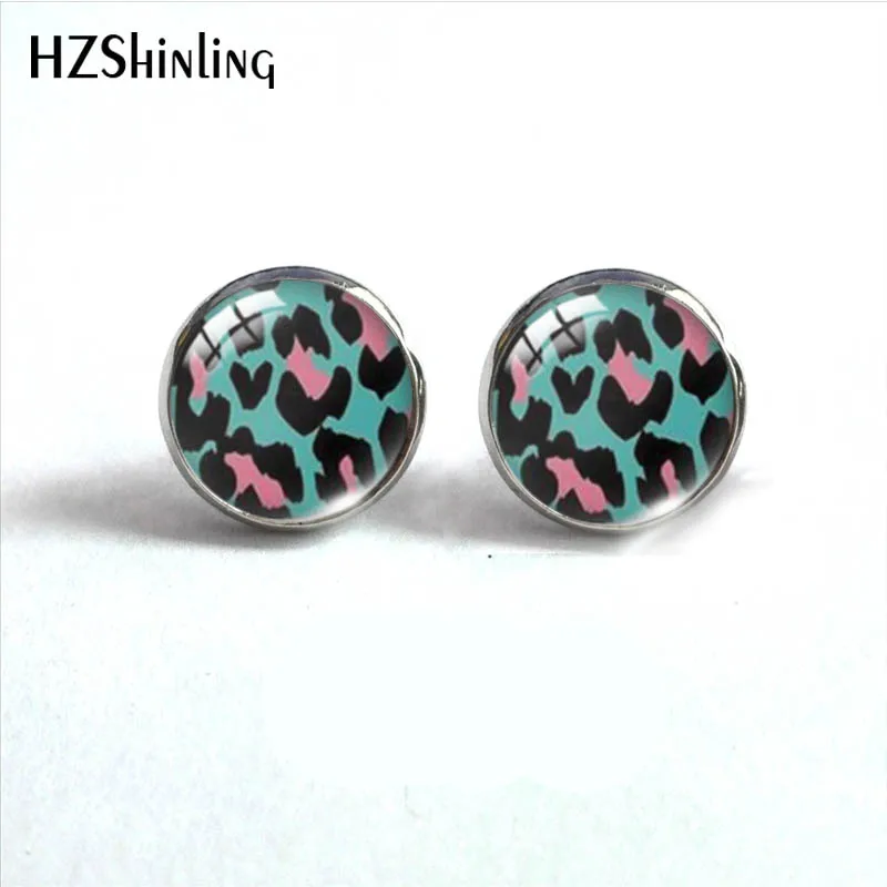 12mm Round Stud Earrings Animal Speckle Printings Pattern Glass Cabochon Stud Earrings Handmade Ear Jewelry for Women