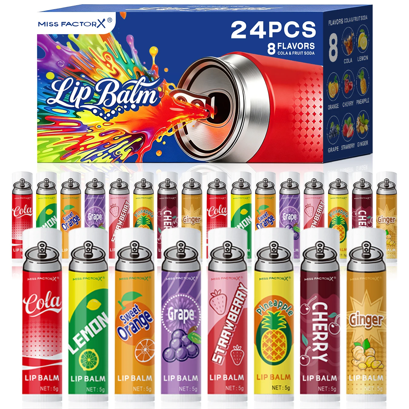 24Pcs Soda Flavor Lip Balm Bulk, Long Lasting Moisturizing, Soft Dry Lips, Holiday Party Gift