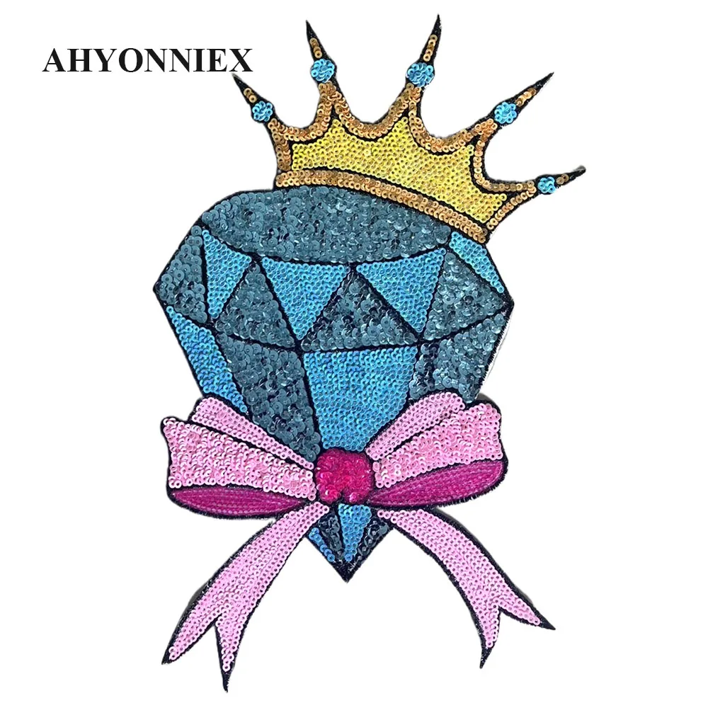 1 Piece Blue Diamond With Bow Crown Sequins Embroidery Patches For Clothing Sticker Appliques Iron On Patches