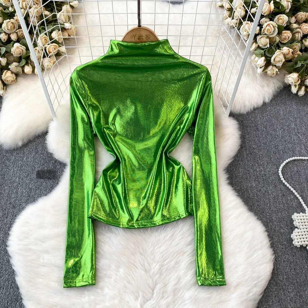 Basics Long Sleeves Stand Collar Hotsweet Vintage Metallic Color Fashion Slim Top Streetwear High Street Spring Autumn T-Shirts