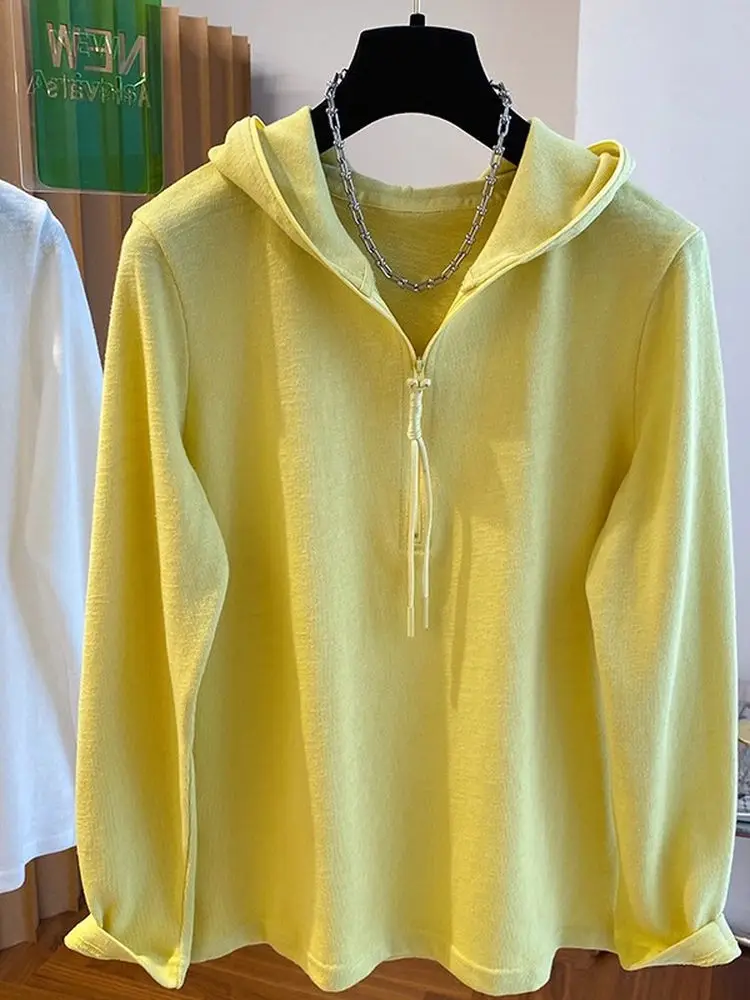 Camiseta Longa de Malha Solta com Capuz para Mulheres, Casual, com Zíper, Nova Chegada de Outono, Tamanho Plus Fashionável